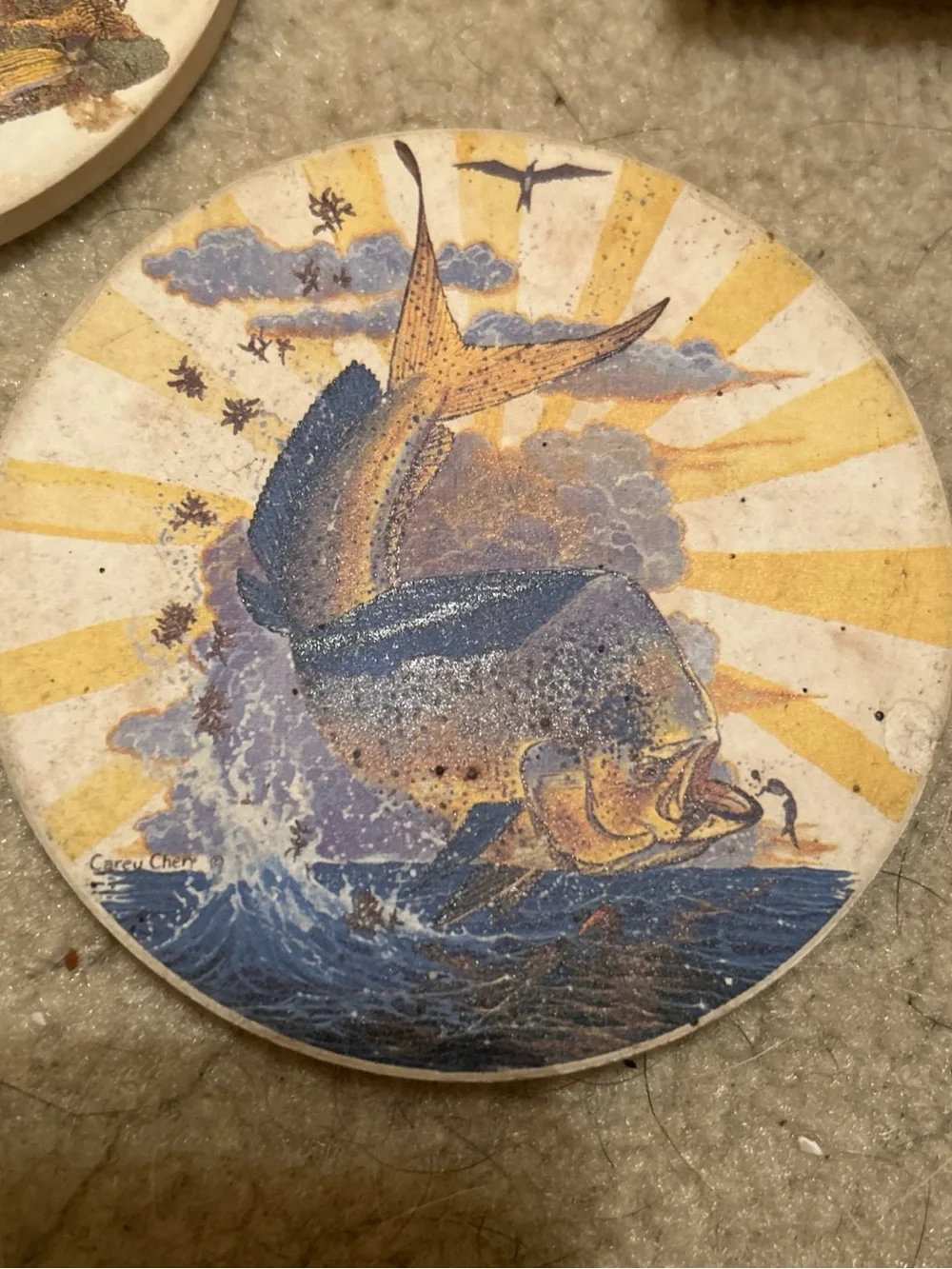 3 pc set Fish Illustration Stone Coaster Set with Wooden Holder - Neutral Tones